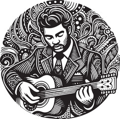 Monochrome Illustration of Male Gospel Musician with Guitar in Zentangle Style