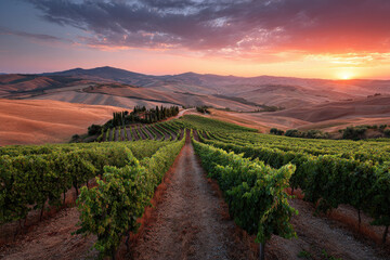 Fototapeta premium breathtaking sunset over lush vineyards of tuscany essence of nature beauty
