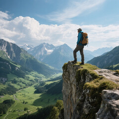 Experience the thrill of reaching new heights with this stunning image of a lone hiker standing on a mountain peak, gazing out at a panoramic vista.  