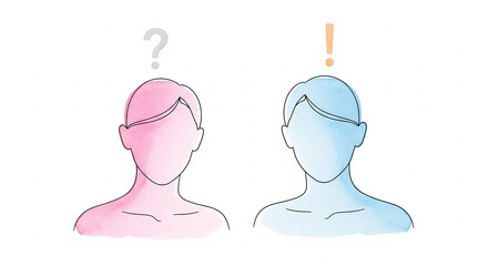 A simple watercolor textured drawing. A questioner who has a question and an answer that brings out a question.