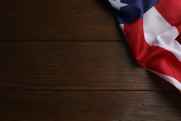 Top view of USA national flag on wooden  background. USA Memorial day, Presidents day, Veterans...