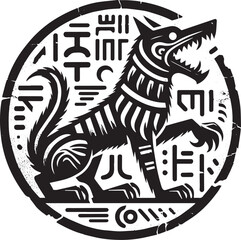 Monochromatic barghest seal featuring stylistic glyphs and distressed texture