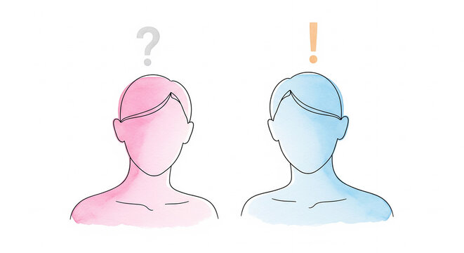 A simple watercolor textured drawing. A questioner who has a question and an answer that brings out a question.