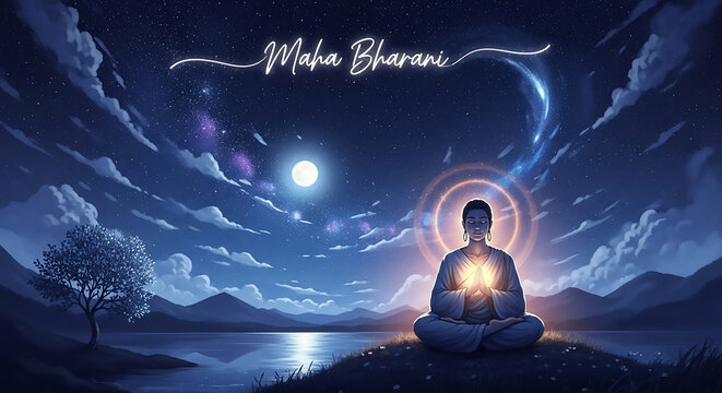A person meditating under a magical night sky, connecting with their inner light for Maha Bharani.
