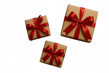 Gift boxes suspended with red ribbons, hovering weightlessly on transparent surface, conveying celebratory holiday mood