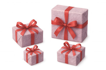 Obraz premium Pink gift boxes varying in size, adorned with red ribbons and decorative bows, positioned against transparent background