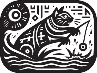 Fishing Cat's Determined Plunge Black and White Hieroglyphic Logo Illustration