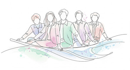 Obraz premium A simple, colorful, textured watercolor illustration of people working together as a team to ride the wave of change