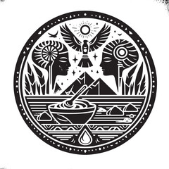 Ancient Egyptian Spa Treatment Icon, Emblem with Figures and Desert Elements