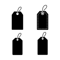  black silhouette illustrations of blank price tags or labels with string attachments in varying shapes and border styles on a white background