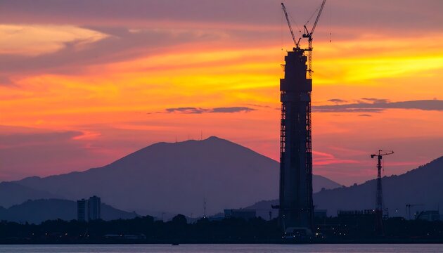 Majestic sunset view of a tall, under-construction skyscraper silhouetted against a vibrant orange and purple sky over a mountain range. - Powered by Adobe