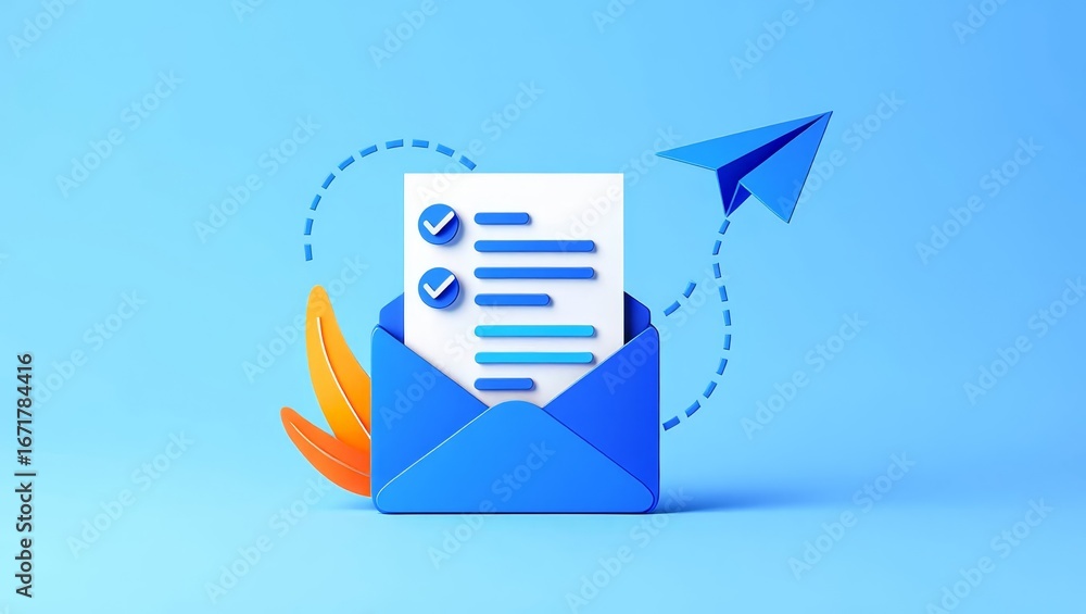 Fototapete 3d letter with completed task or checklist in envelope isolated on background with empty copy space 