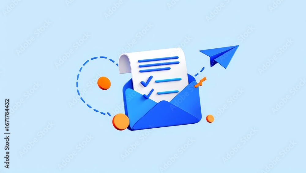Fototapete 3d letter with completed task or checklist in envelope isolated on background with empty copy space 