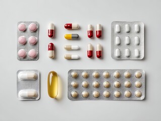 Assorted blister packs and capsules of medicine arranged neatly on white background. Pharmaceutical concept with vitamins, tablets and supplements for healthcare and wellness