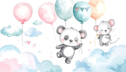 Panda and mouse soaring amidst pastel clouds and balloons