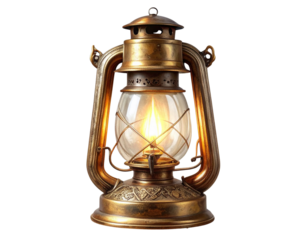 Antique Brass Lantern with Glass Panels and Warm Glow, Isolated on Transparent Background