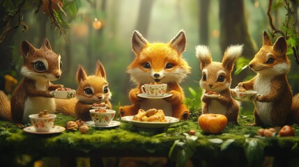 Fototapeta premium Forest critters enjoying a tea party