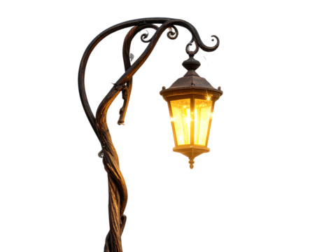 Fantasy-Inspired Lamp Post with Hanging Lantern and Magical Glow, Isolated