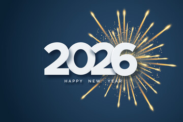 White numbers 2026 with fireworks on navy background. Happy New Year greeting card