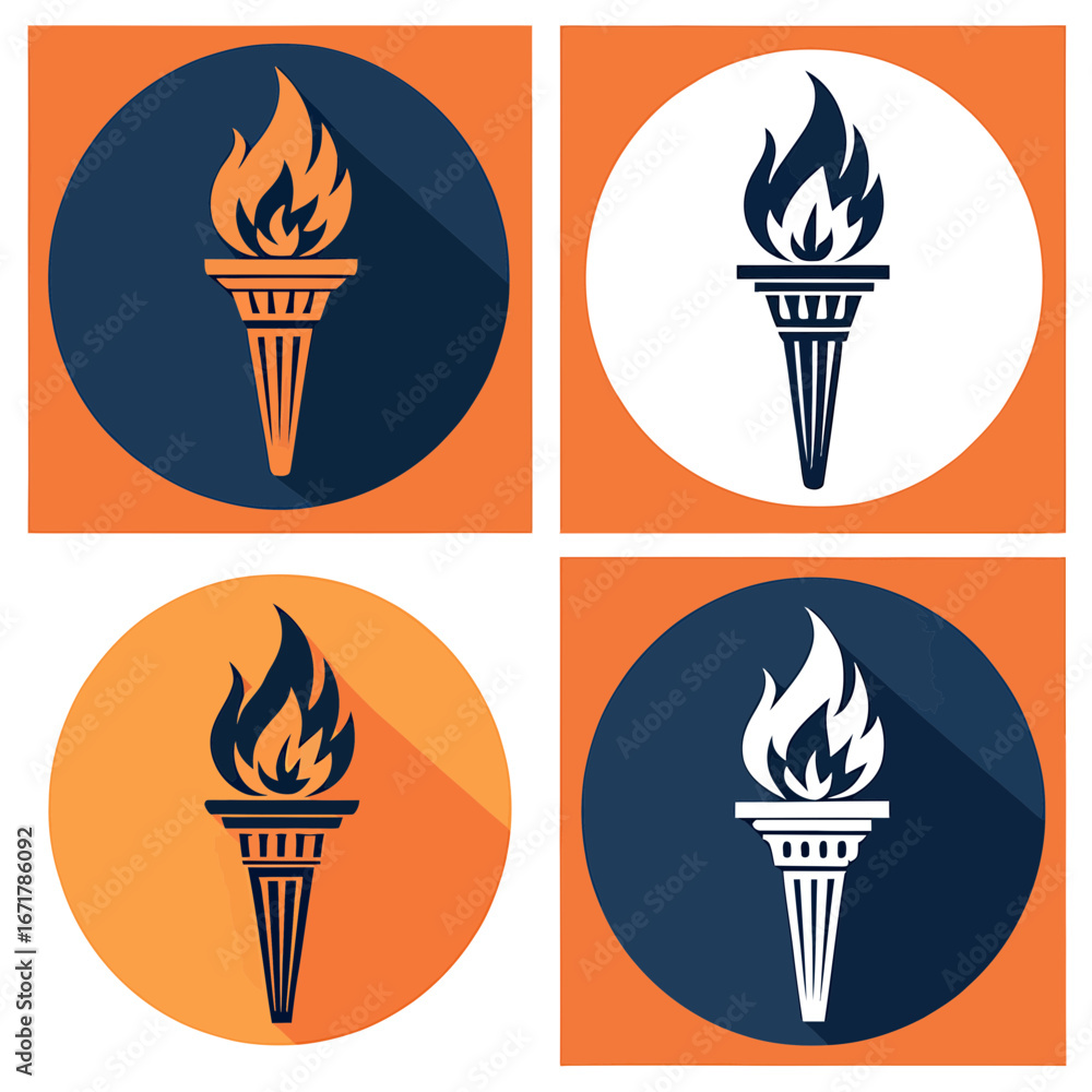 Poster torch icon set with circular backgrounds in dark and light colors