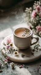 Fototapeta premium Misting beverage exhibiting flower accents on marble platter 