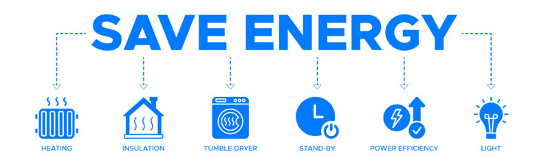 Save energy banner web icon vector illustration concept with icons of heating, insulation, tumble dryer, standby, power efficiency, light