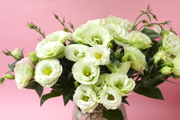 Bouquet of eustoma flowers on a pink background