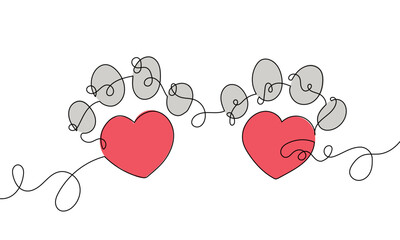 Continuous Line Drawing of Two Red Hearts with Gray Scribble Clouds