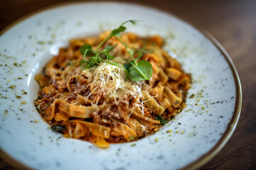 Tagliatelle Bolognese Pasta Served in Restaurant