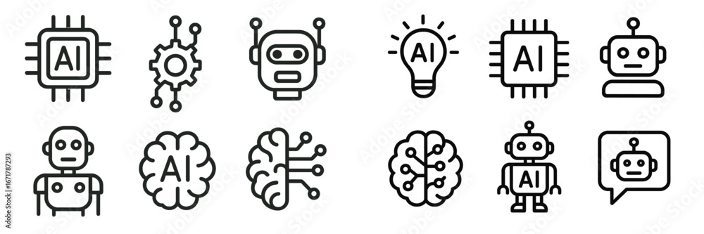 Poster various representations of artificial intelligence concepts through simple line art designs showcasi