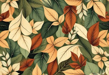 Abstract botanical seamless pattern Trendy foliage wallpaper background in muted greens, browns, and creams,  leaves,  browns