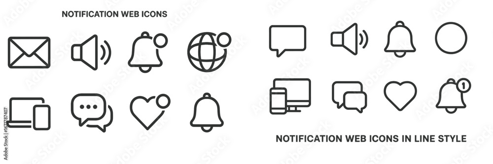 Aufkleber notification web icons collection featuring various symbols for messaging, alerts, and interaction