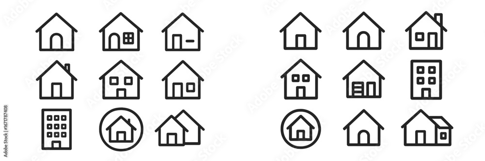 Poster variety of house icons illustrating different styles and structures arranged in a grid format