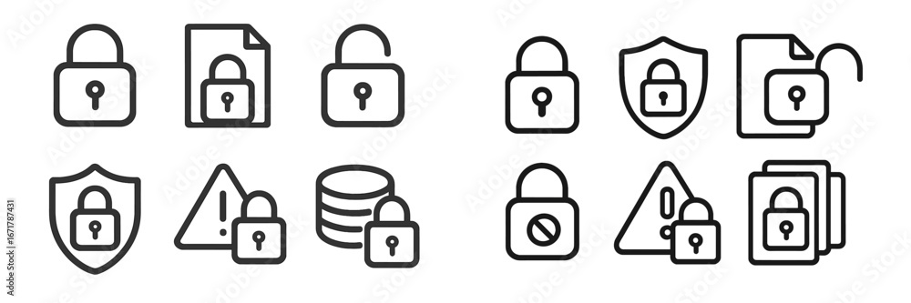 Poster collection of security icons illustrating various forms of data protection and safety measures used 