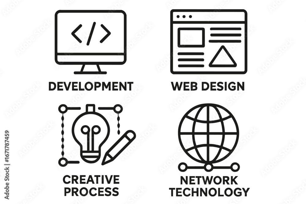 Poster digital elements representing development, web design, creative process, and network technology in a