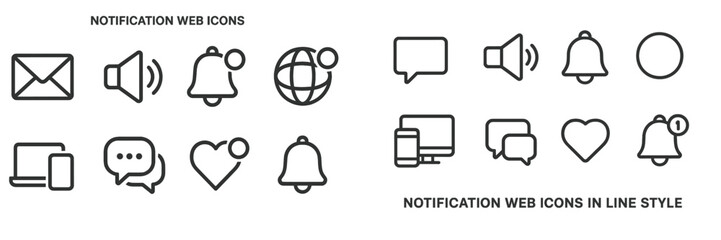Notification web icons collection featuring various symbols for messaging, alerts, and interaction