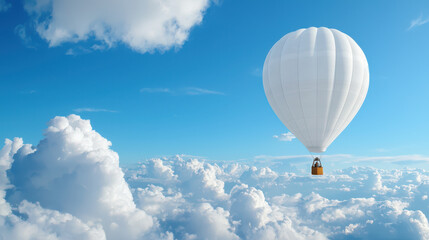 Fototapeta premium Serene hot air balloon floats gracefully above fluffy white clouds against bright blue sky, evoking sense of adventure and tranquility