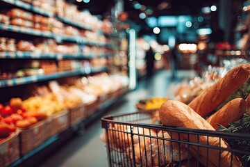 A shopping cart filled with baguettes sits in a brightly lit grocery store aisle, surrounded by various produce and baked goods