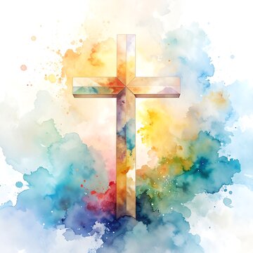 Colorful cross on abstract watercolor background