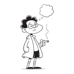 Cartoon drawing of a pensive man smoking a cigarette. Character with glasses thinking with an empty thought bubble vector illustration.