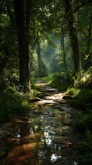 Obraz premium Illuminated woodland trail featuring flowing watercourse 