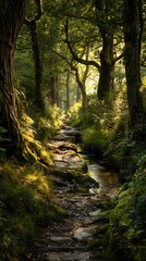 Fototapeta premium Glowing woods route demonstrating flowing rivulet 