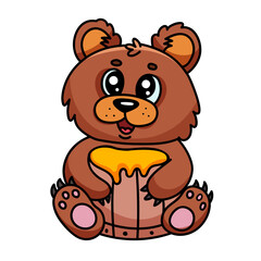 Cute cartoon bear hugging honey pot with adorable expression.