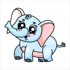 Adorable cartoon baby elephant with big eyes and pink ears on white background