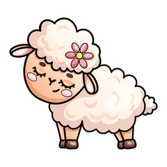 Cute cartoon sheep with flower headband on white background: whimsical animal design.