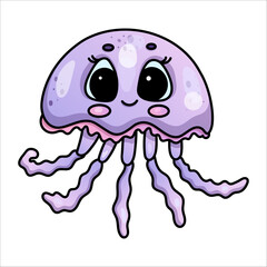 Cute cartoon jellyfish with big eyes and happy expression on white background