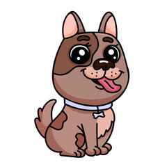 Cute cartoon dog with big eyes and collar sitting happily on white background.