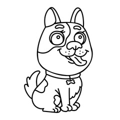 Happy cartoon dog outline: cute puppy sitting with tongue out for coloring and kids' activities.