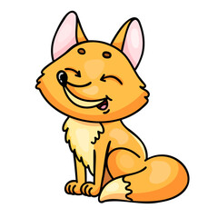 Cartoon fox with cheery expression and fluffy tail on white background.
