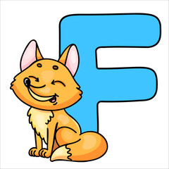 Cheerful cartoon fox next to blue letter f on white background.